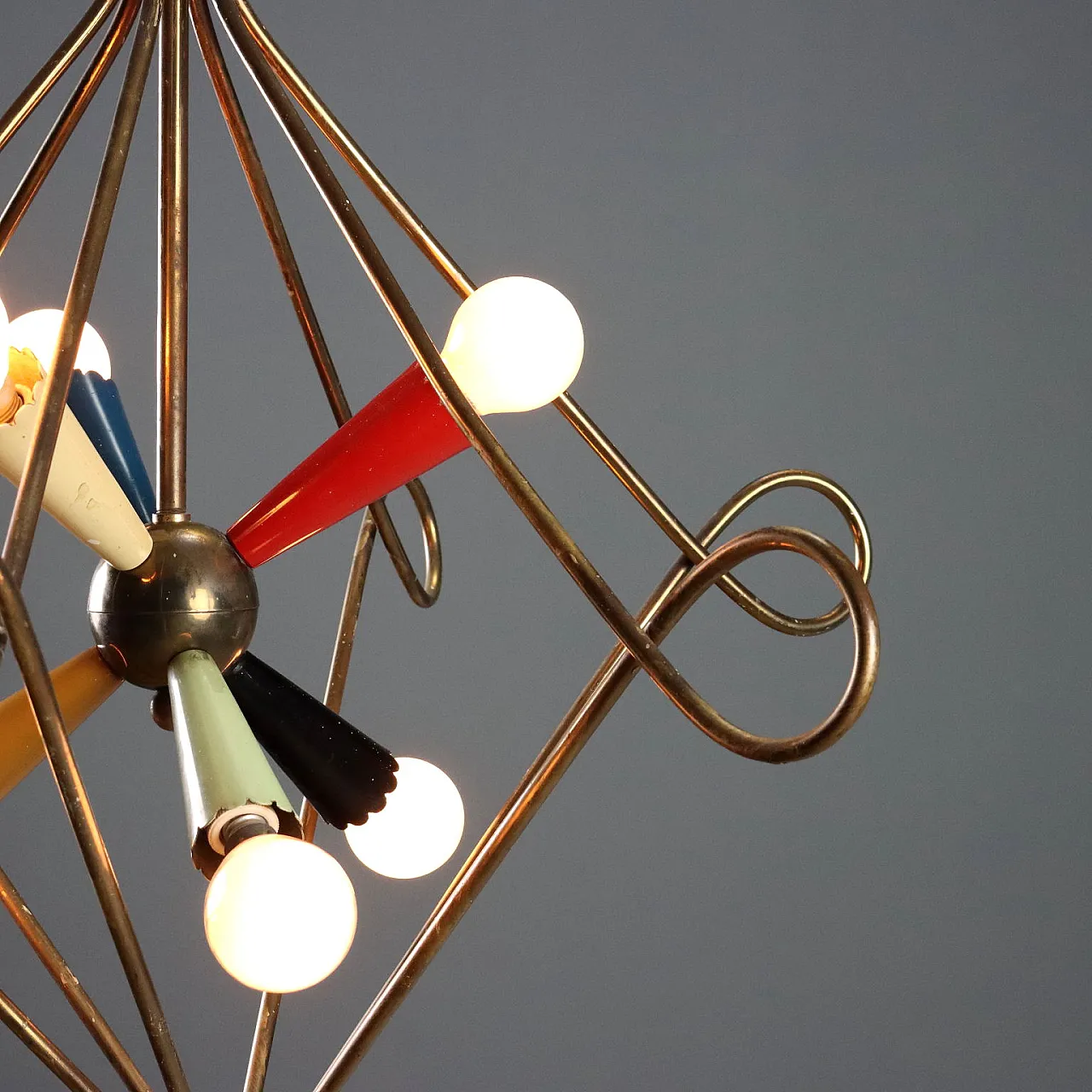 Ceiling lamp with brass structure and aluminum diffusers, 20th century 3