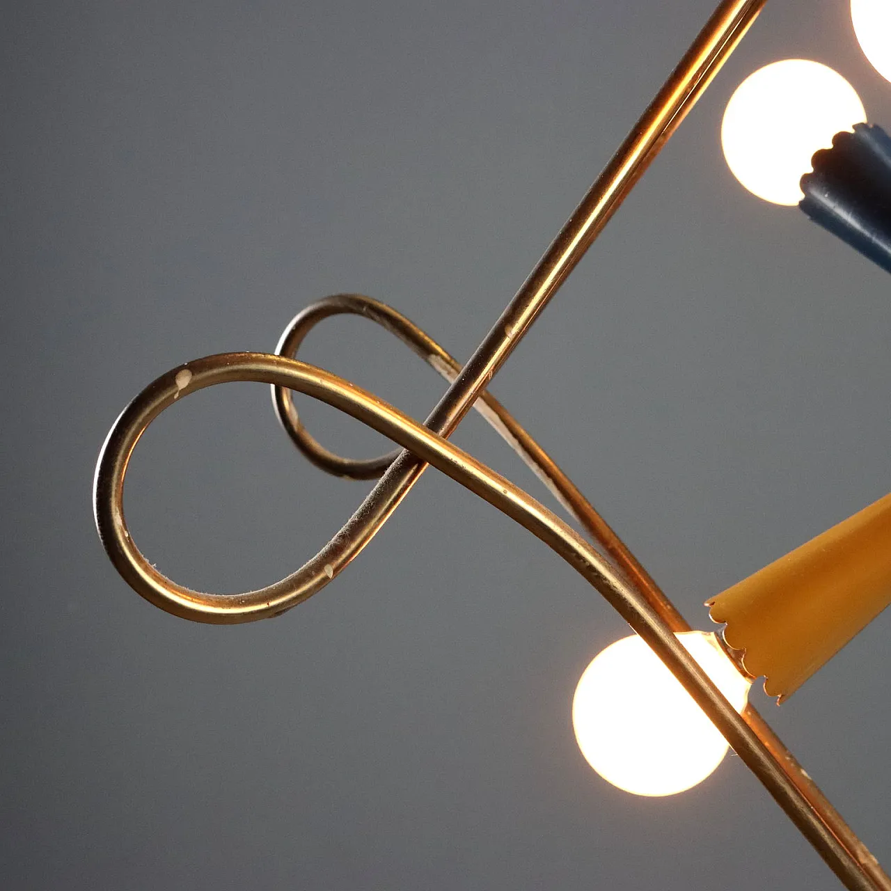 Ceiling lamp with brass structure and aluminum diffusers, 20th century 4