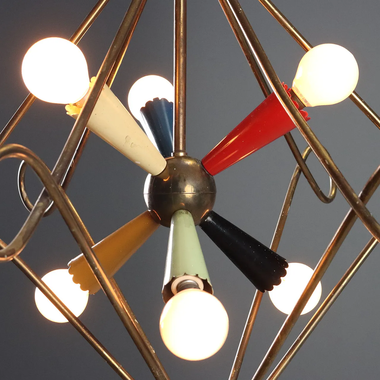 Ceiling lamp with brass structure and aluminum diffusers, 20th century 5