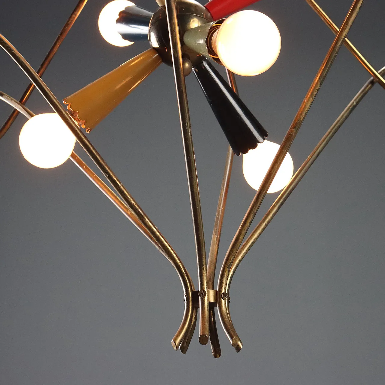Ceiling lamp with brass structure and aluminum diffusers, 20th century 6