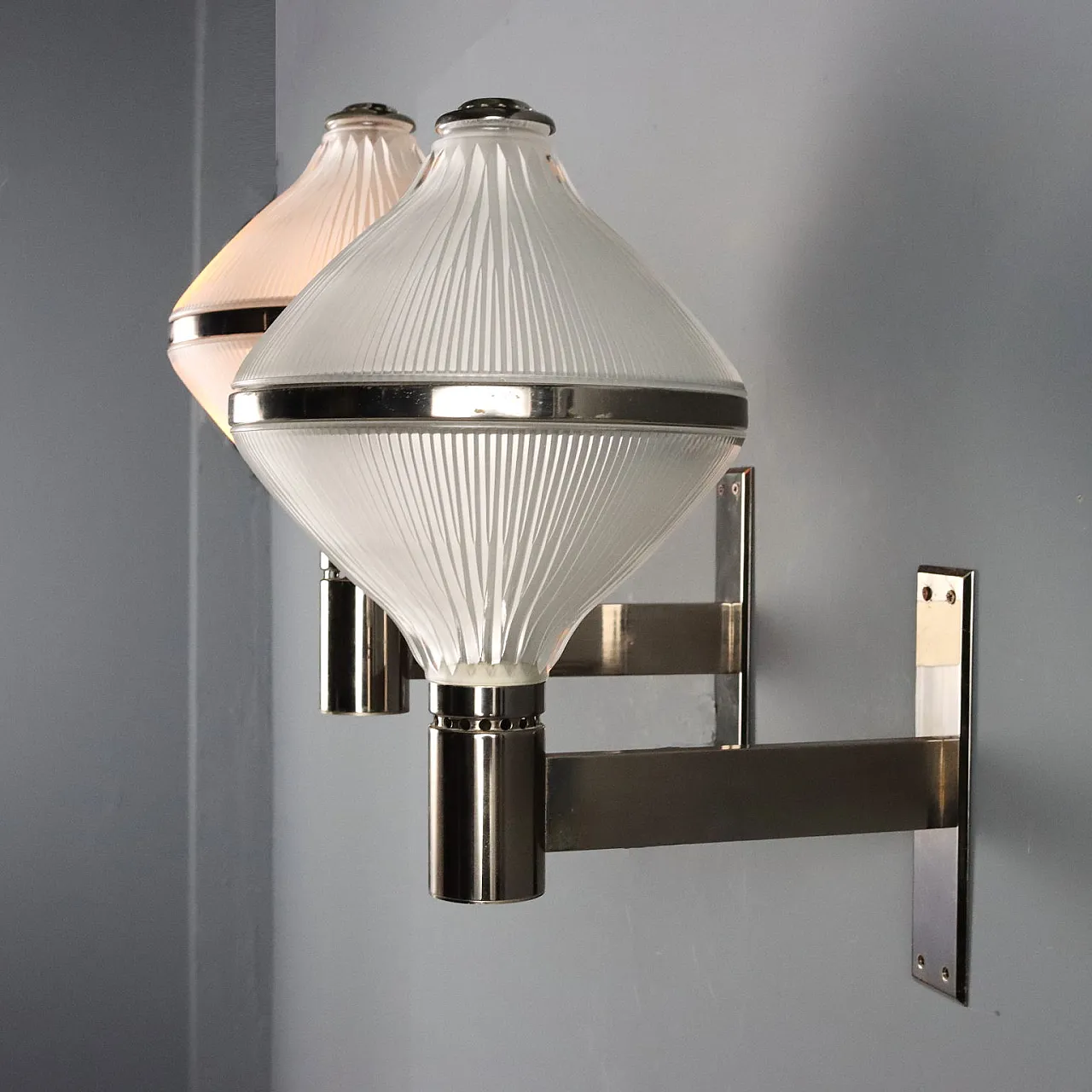 Pair of nickel-plated metal wall lights & glass diffuser, 20th century 3