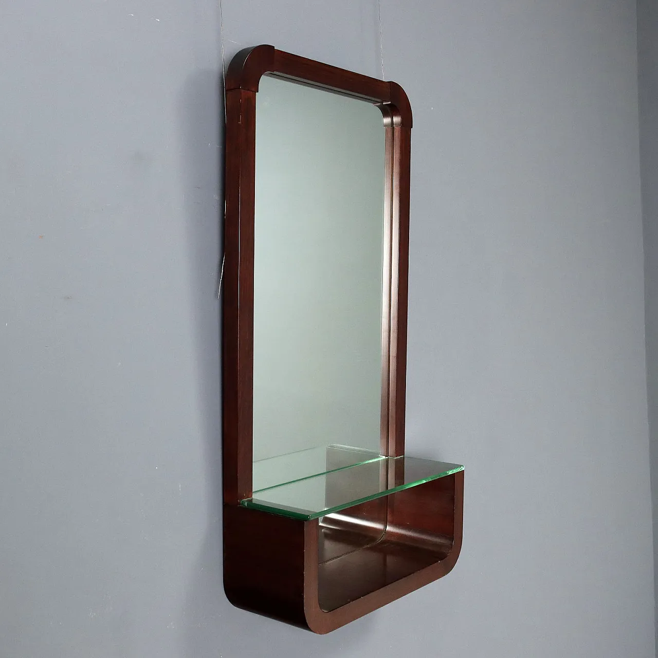 Consolle con piano in vetro e impiallacciatura di legno esotico, '900 3