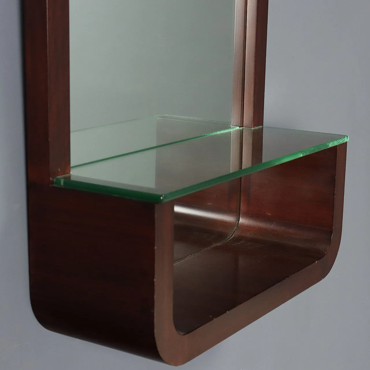 Consolle con piano in vetro e impiallacciatura di legno esotico, '900 4