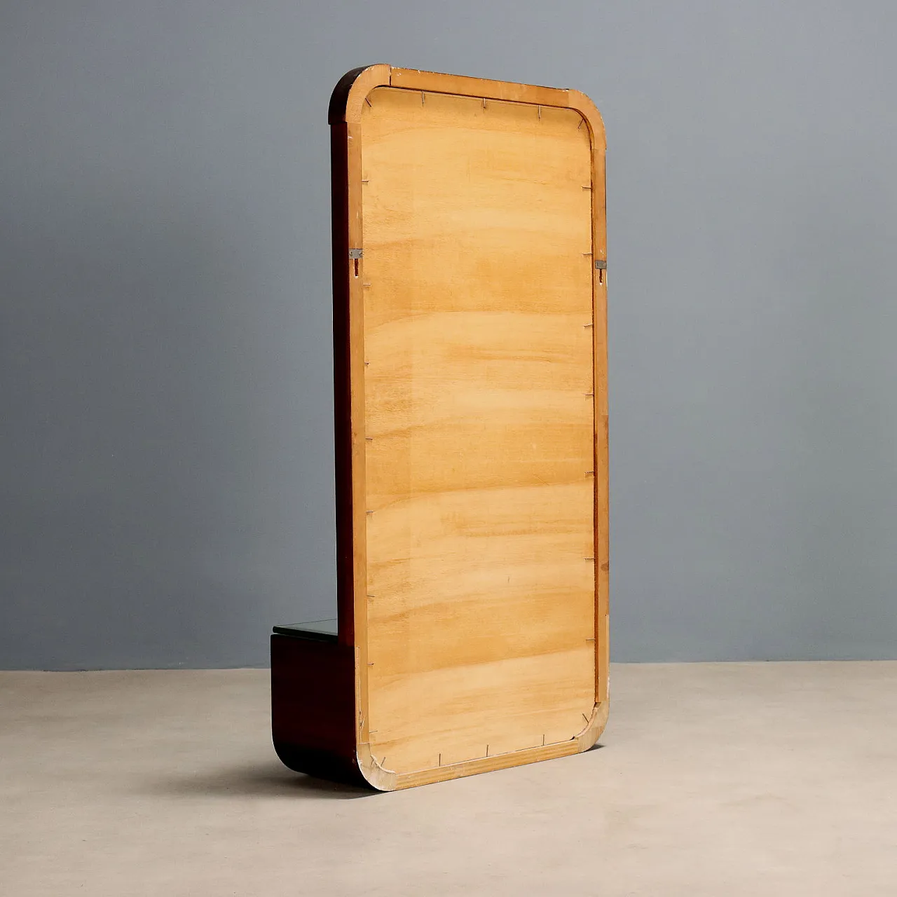 Consolle con piano in vetro e impiallacciatura di legno esotico, '900 7