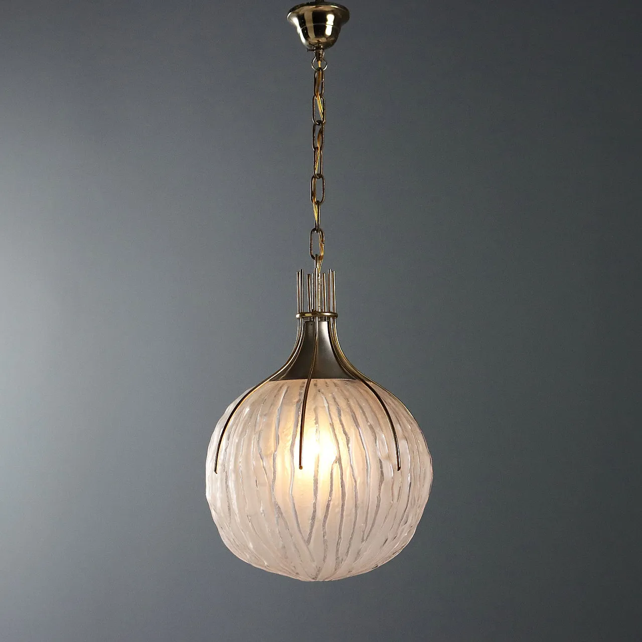 Lampada da soffitto in metallo, ottone e vetro, anni '70 1