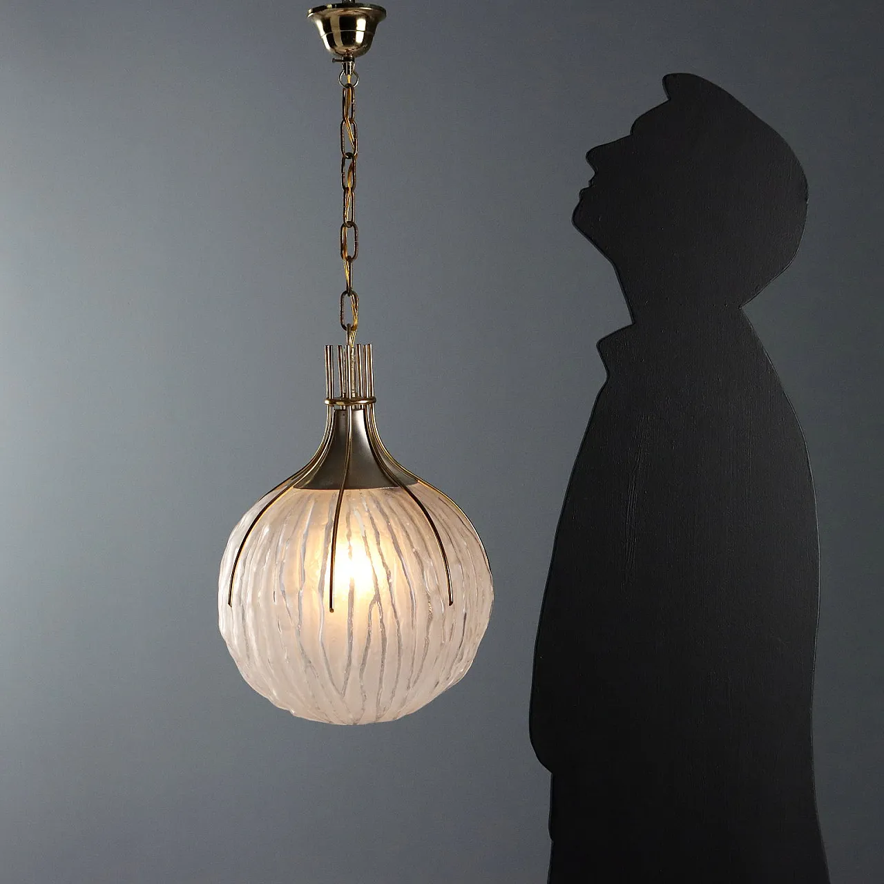 Lampada da soffitto in metallo, ottone e vetro, anni '70 3