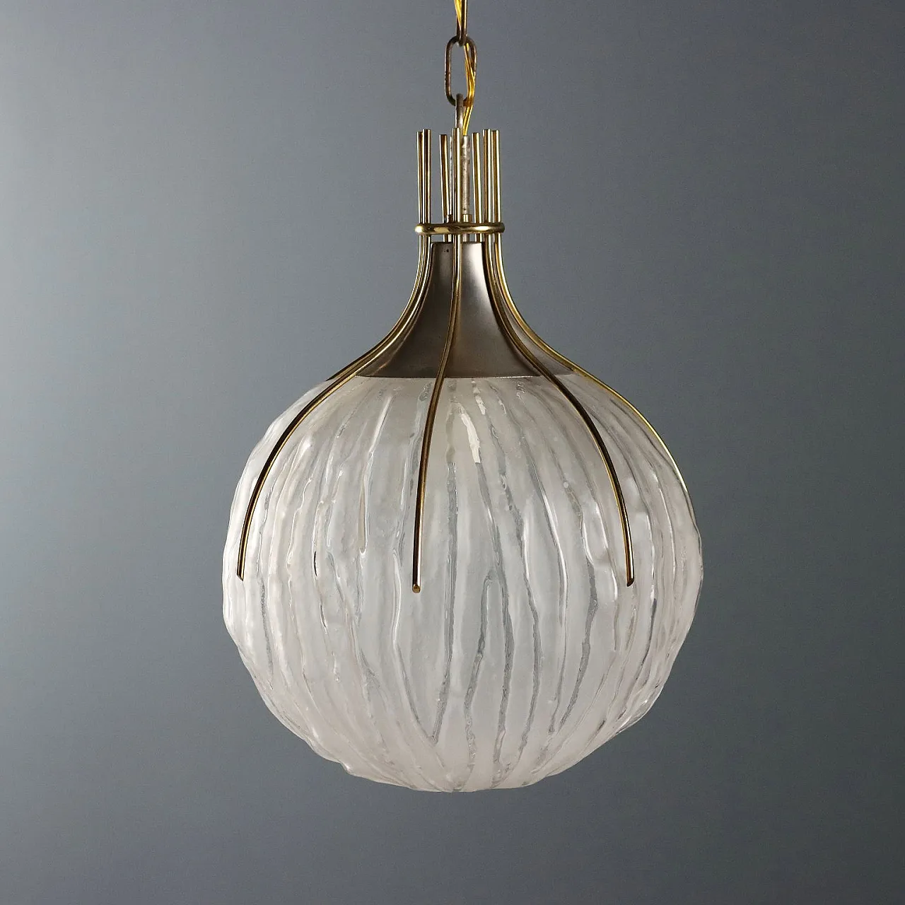 Lampada da soffitto in metallo, ottone e vetro, anni '70 9