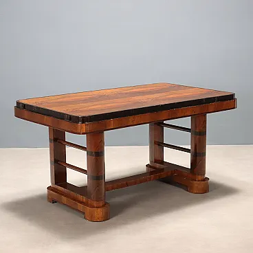 Walnut burl table and exotic wood inserts, 20th century