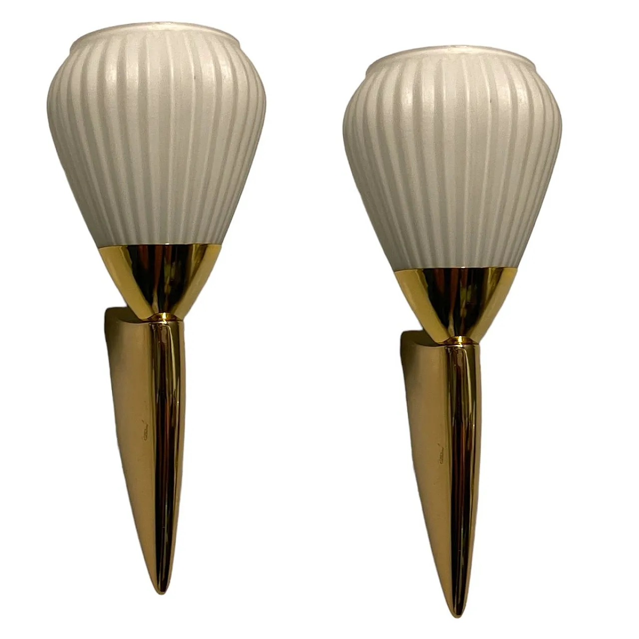 Pair of pleated brass wall light in opaline glass, 1980s 1
