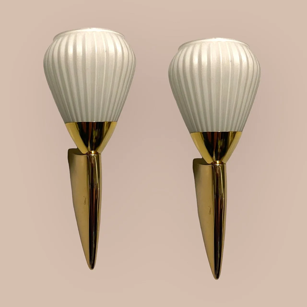 Pair of pleated brass wall light in opaline glass, 1980s 2