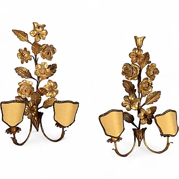 Coppia di lampade in ferro dorato, lamiera e legno, fine '800