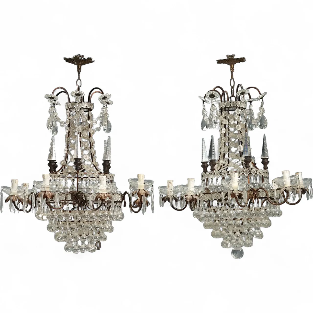 Coppia di lampadari in metallo brunito e lamiera, primo '900 11