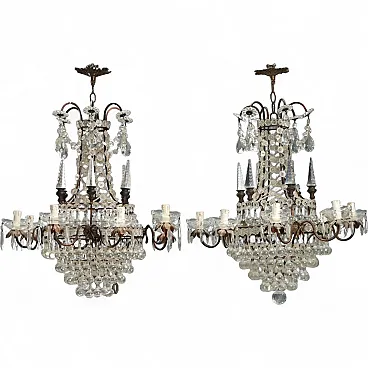 Coppia di lampadari in metallo brunito e lamiera, primo '900