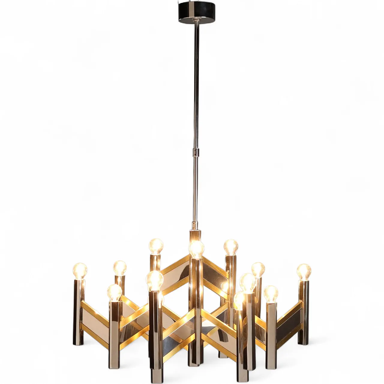 Chandelier in chrome-plated & brass-plated metal frame, 20th century 11