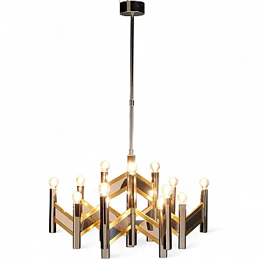 Lampadario con struttura in metallo cromato e ottonato, '900