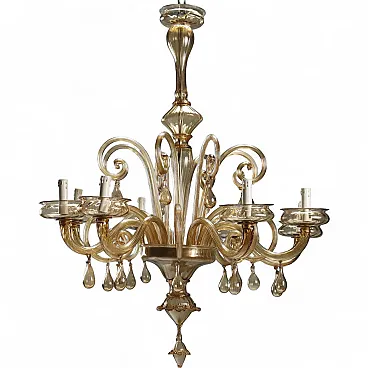 Lampadario in vetro soffiato ambrato, '900