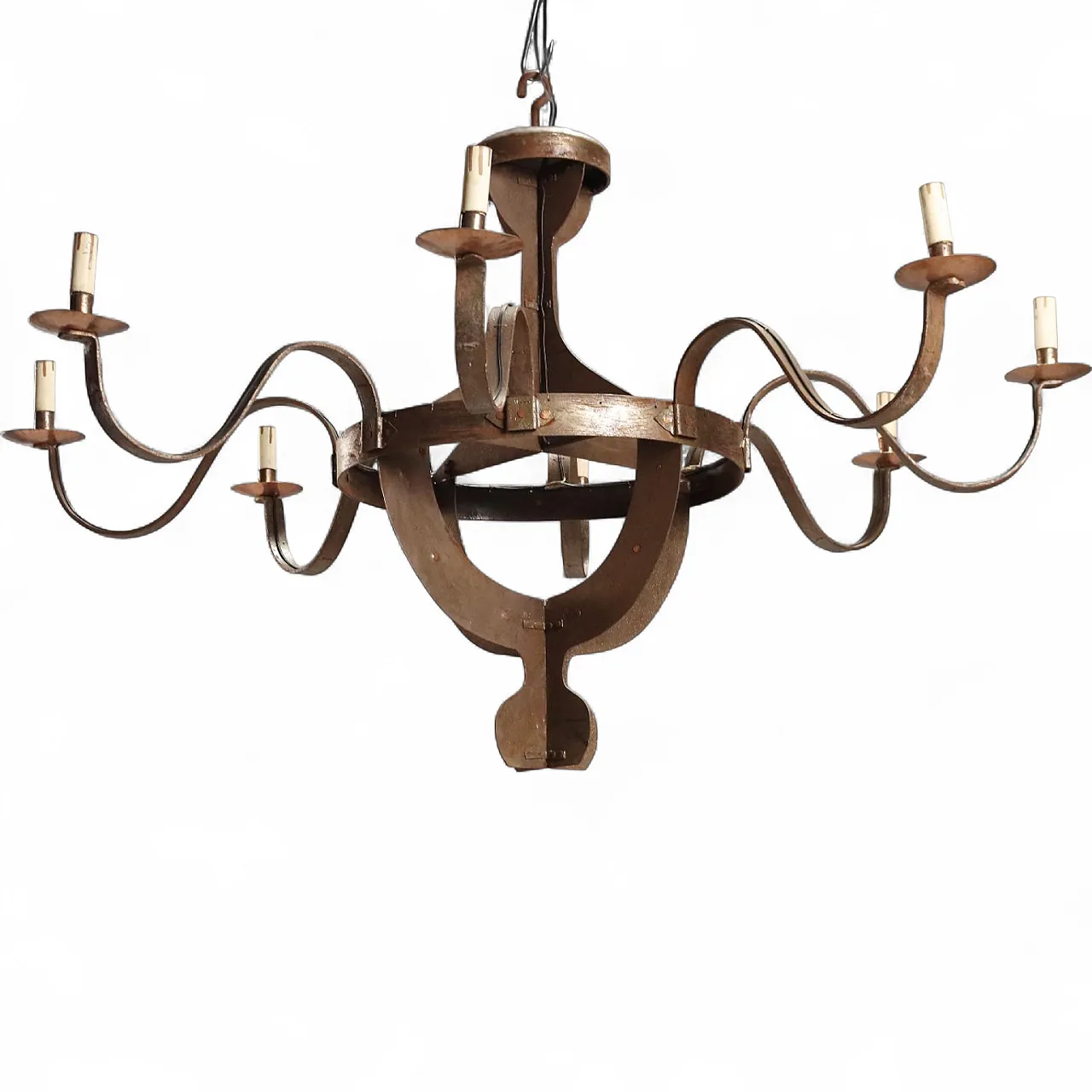 Lampadario in ferro battuto, rame e lamiera, inizi '900 10