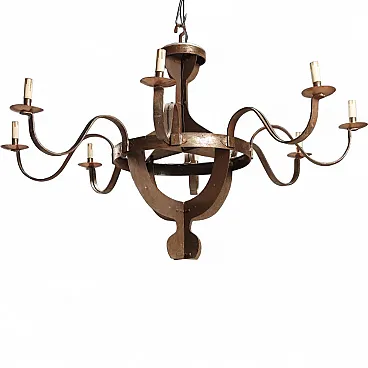 Wrought iron, copper, and sheet metal chandelier, early 20th century