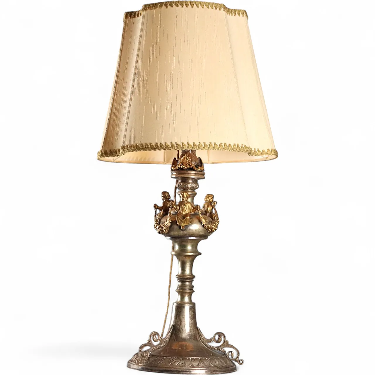 Lampada in lamiera argentata, bronzo dorato e tessuto, '800 11