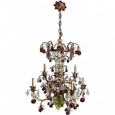 Lampadario in stile Maria Teresa in ferro e vetro, primo '900