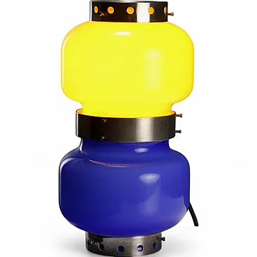 Lampada con struttura in metallo cromato e diffusori in vetro, '900