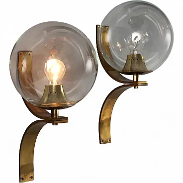 Coppia di applique in ottone e vetro trasparente, '900