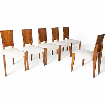 6 Sedie di Andre' Sornay con sedili in pelle bianca, metà '900