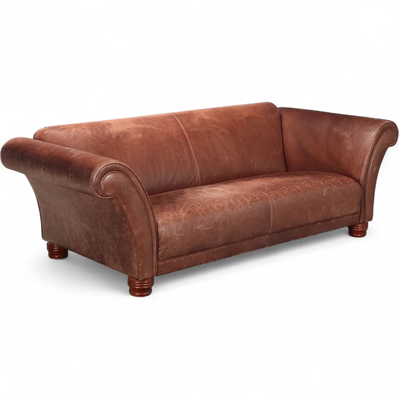 Divano in pelle marrone e gambe in rovere tornito tinto, '900 11