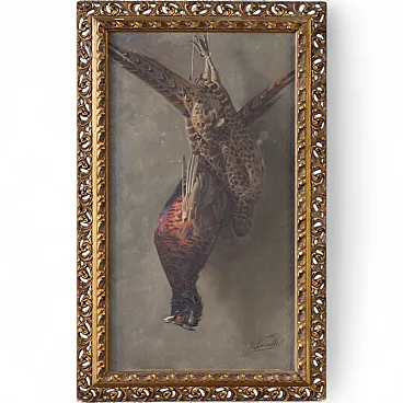 Dipinto firmato natura morta con cacciagione, '900