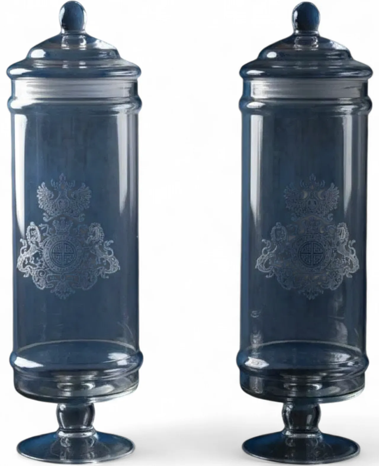 Coppia di vasi da Farmacia in vetro inciso, '800 7