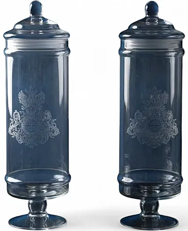 Coppia di vasi da Farmacia in vetro inciso, '800