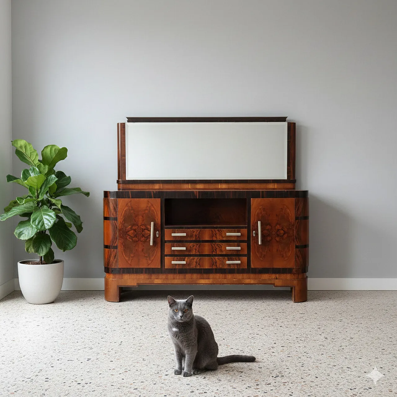 Sideboard in burl wood, exotic wood, and metal handles, 20th century 2