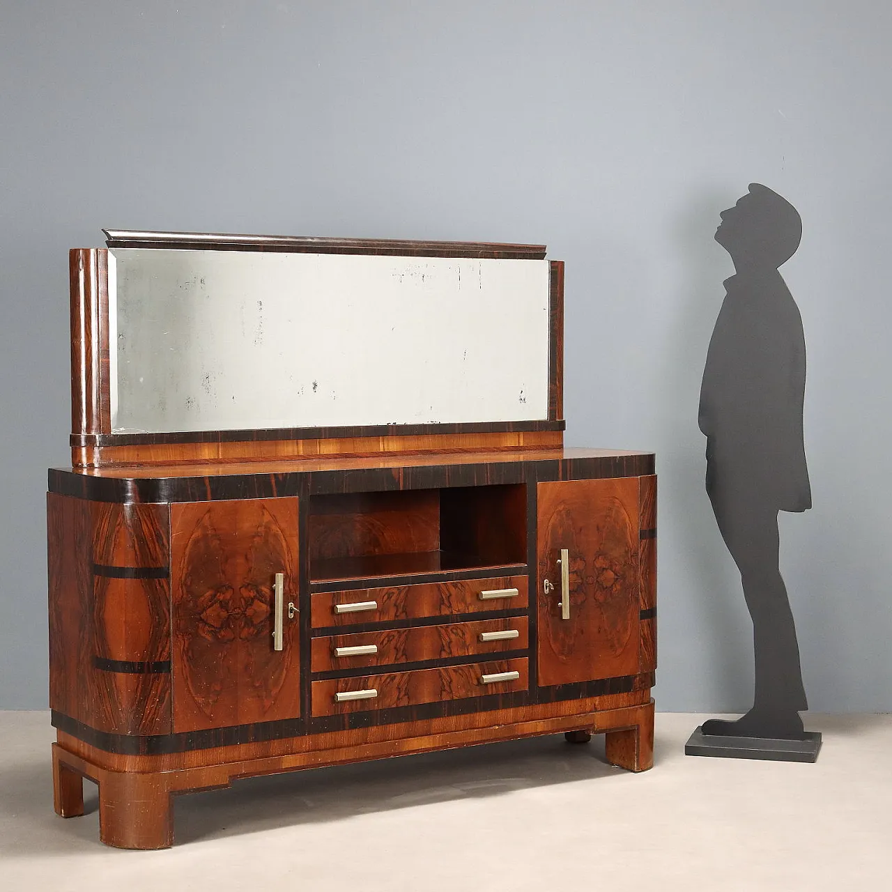 Sideboard in burl wood, exotic wood, and metal handles, 20th century 3