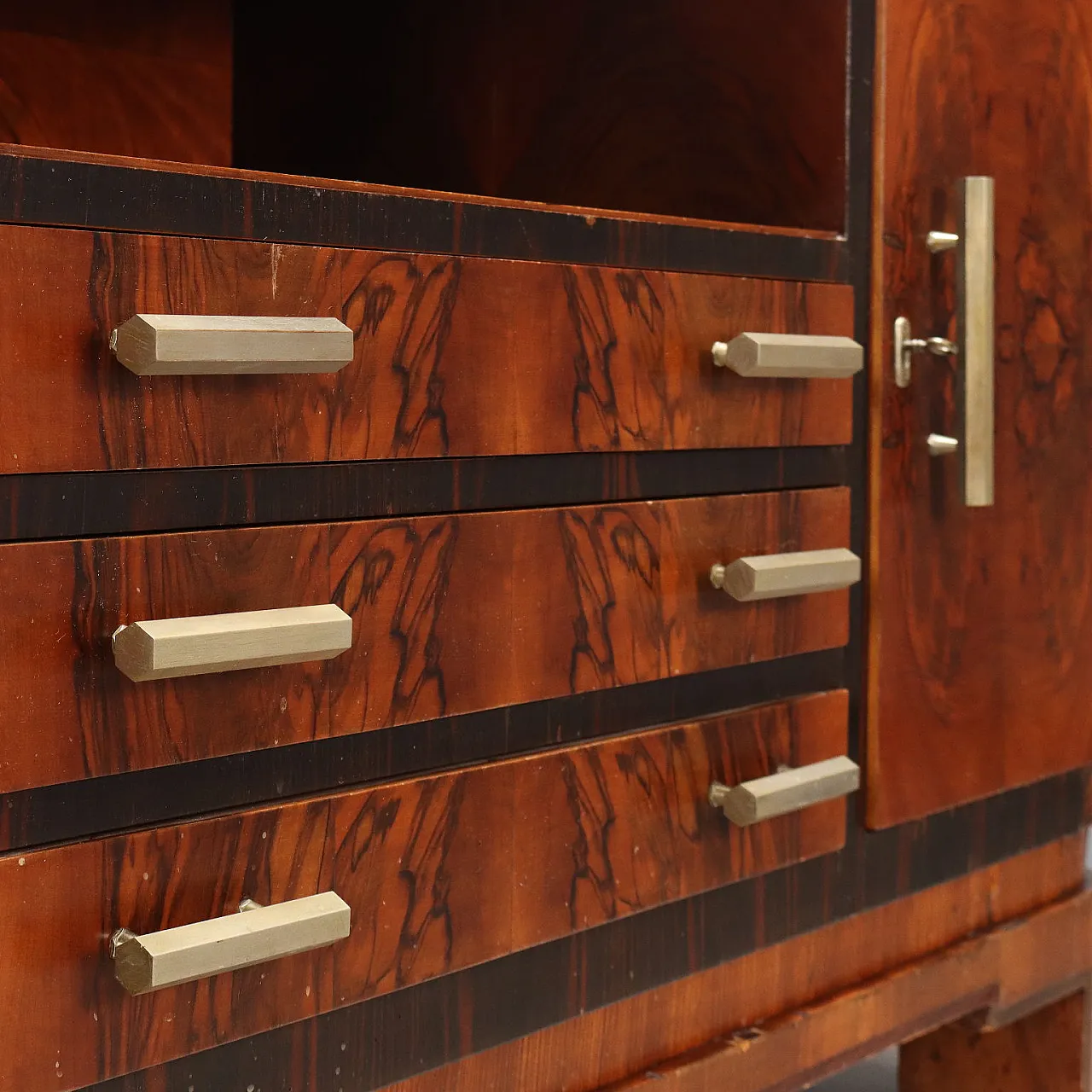 Sideboard in burl wood, exotic wood, and metal handles, 20th century 4