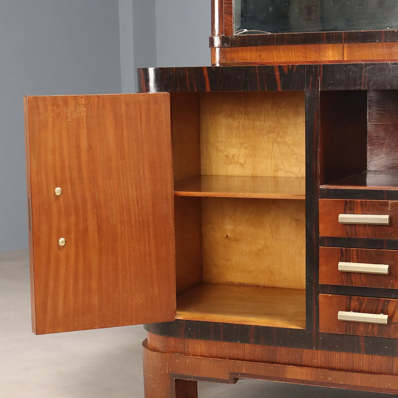 Sideboard in burl wood, exotic wood, and metal handles, 20th century 5