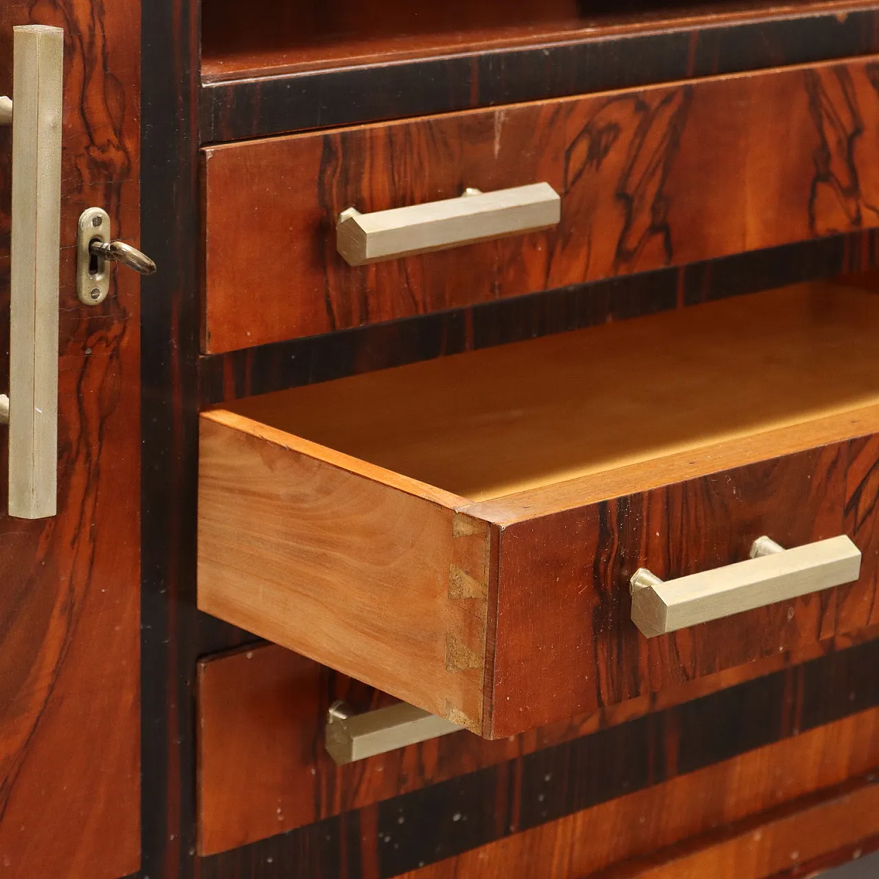 Sideboard in burl wood, exotic wood, and metal handles, 20th century 6