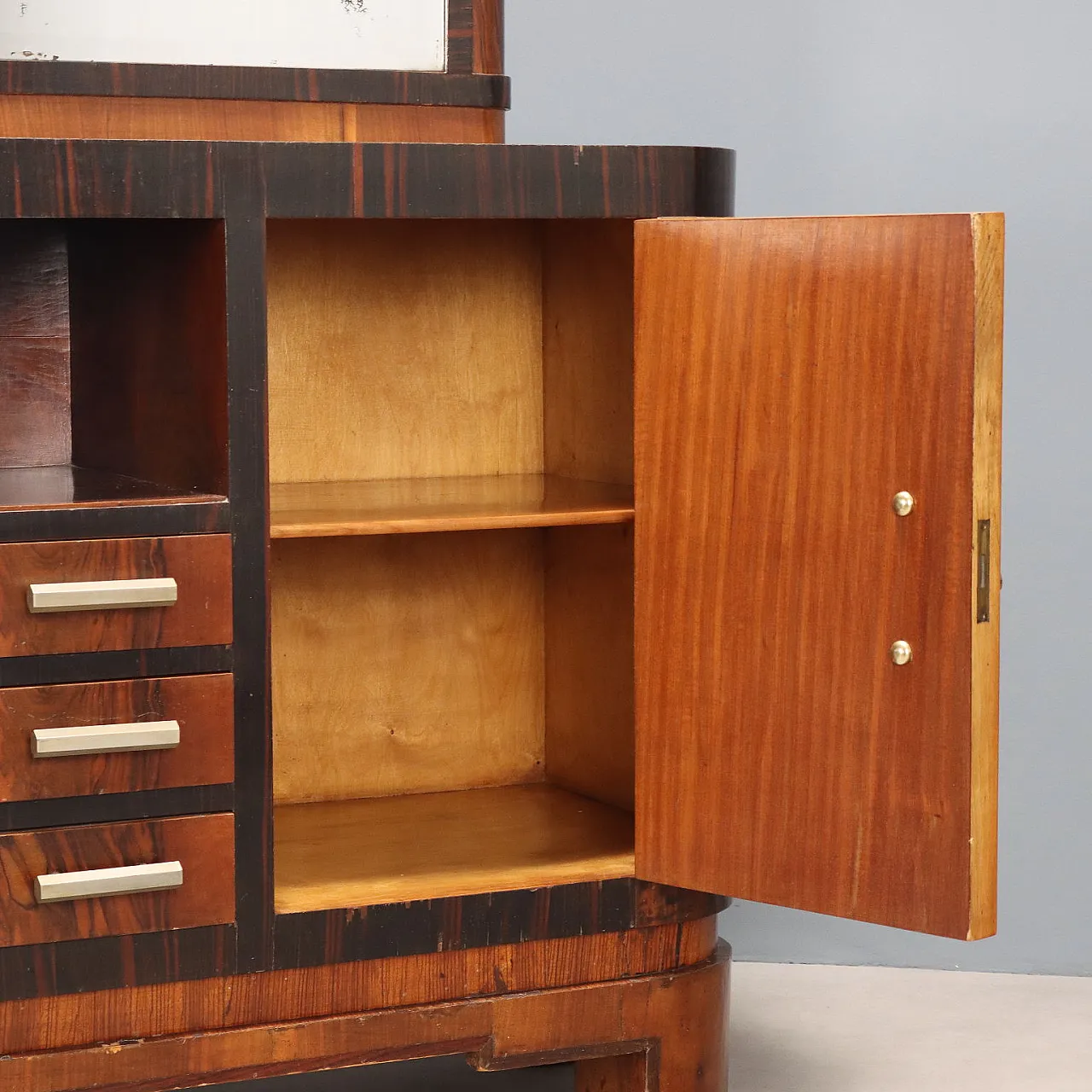 Sideboard in burl wood, exotic wood, and metal handles, 20th century 7