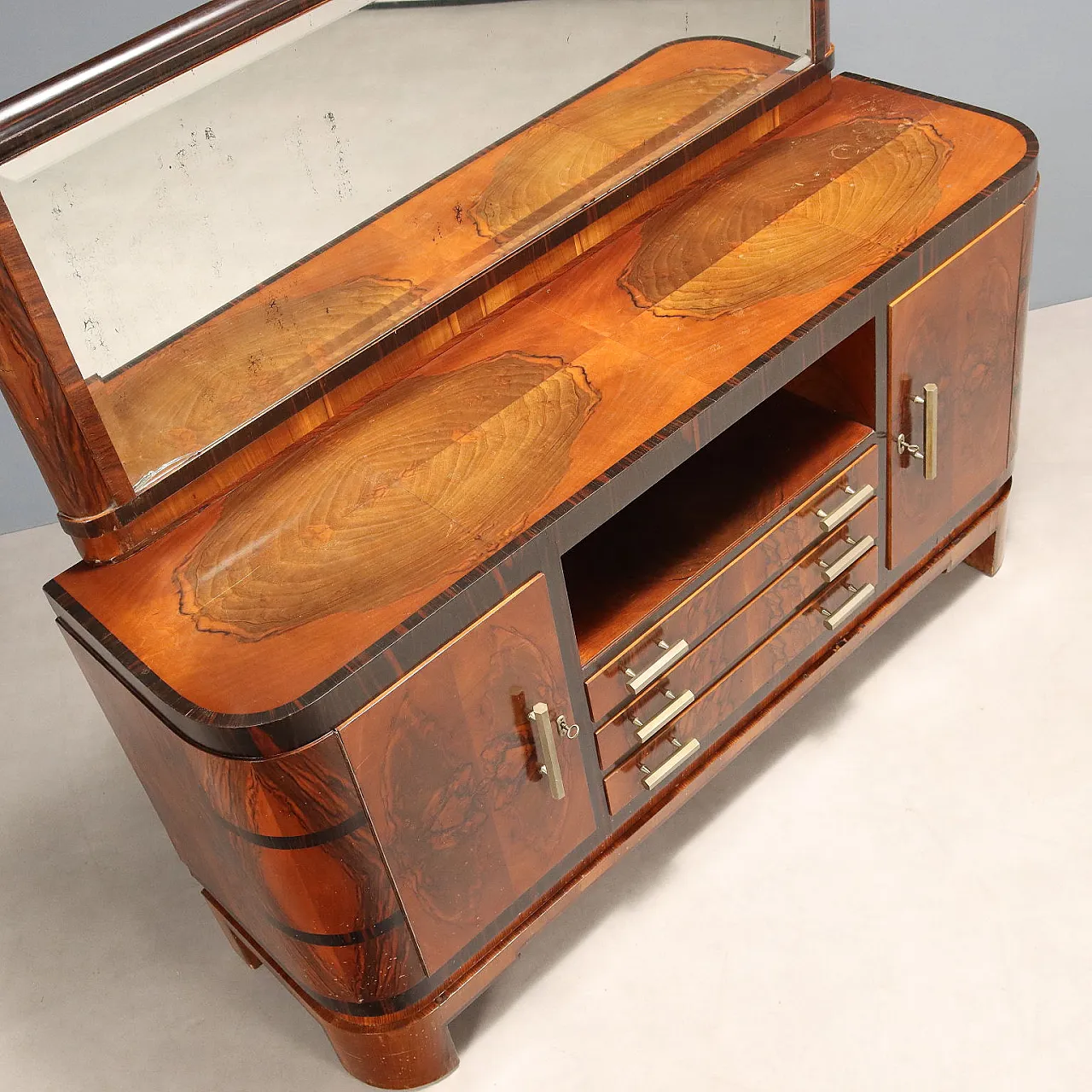 Sideboard in burl wood, exotic wood, and metal handles, 20th century 10