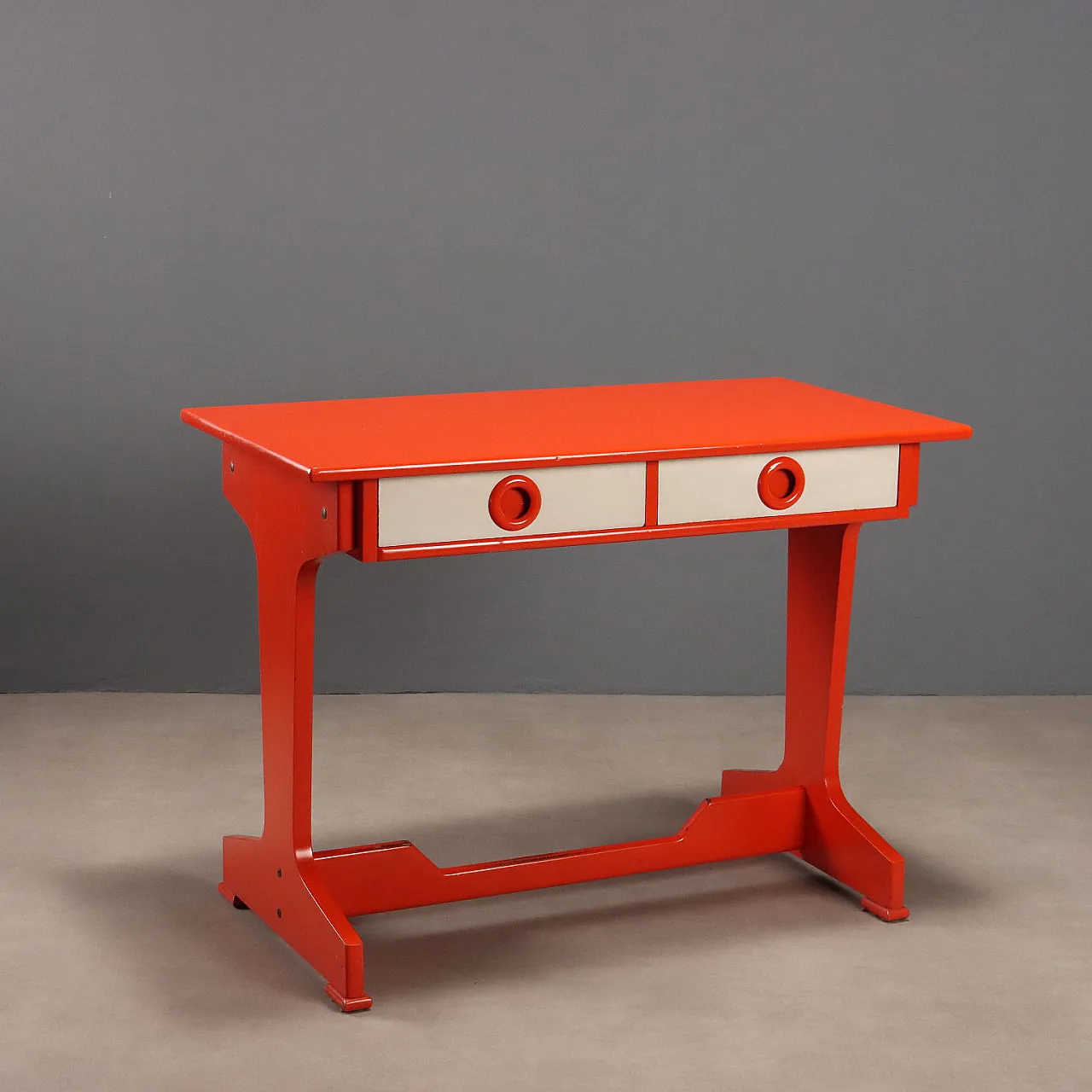 Desk with two drawers in white and orange lacquered wood, 20th century 1
