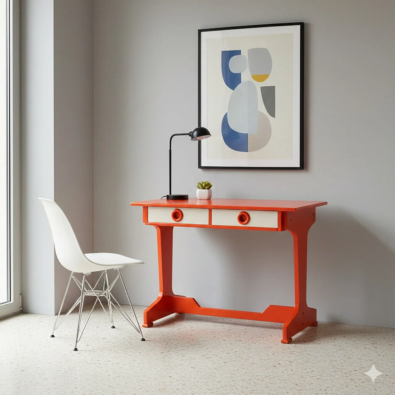 Desk with two drawers in white and orange lacquered wood, 20th century 2