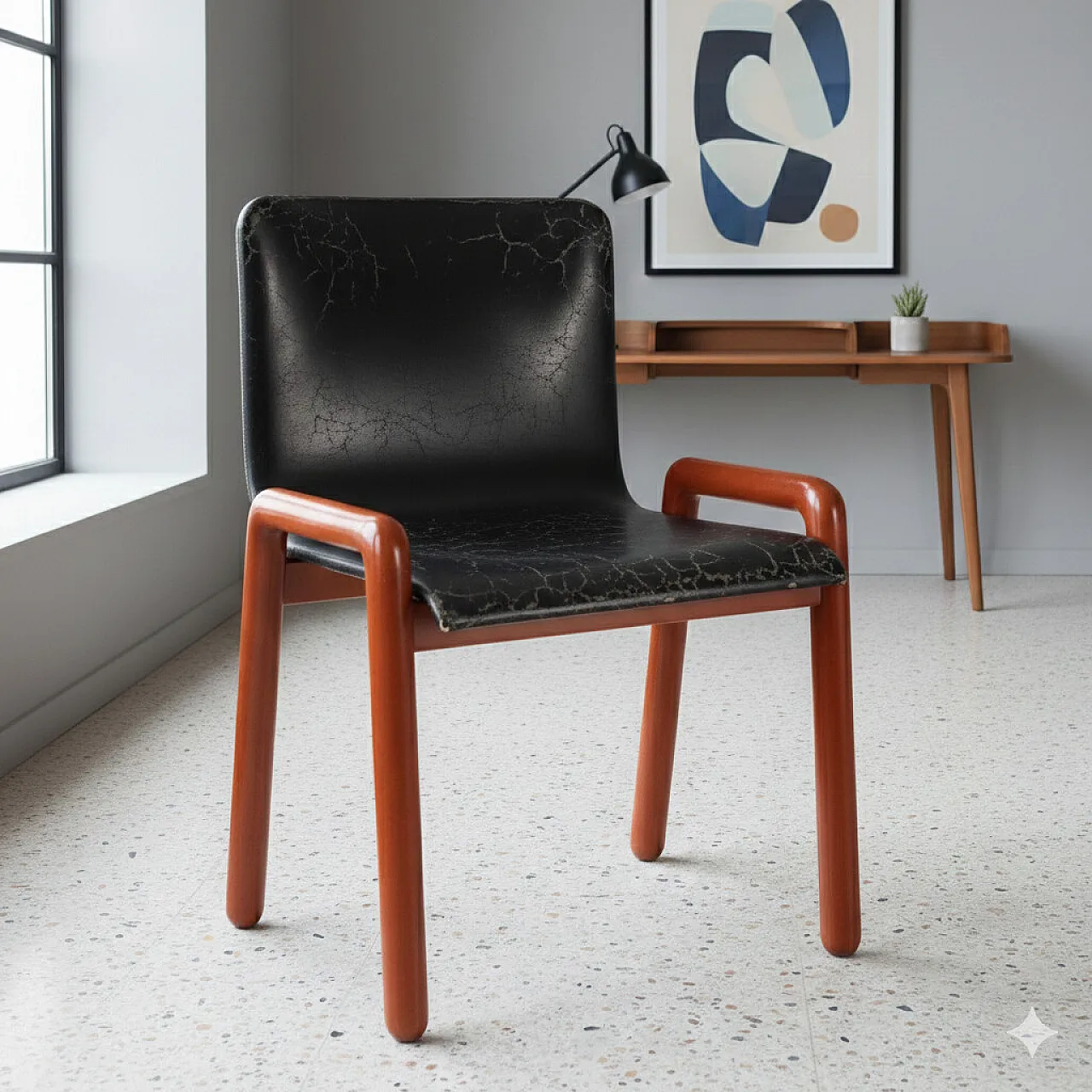 Dining chair with wooden frame and black leather seat, 20th century 2
