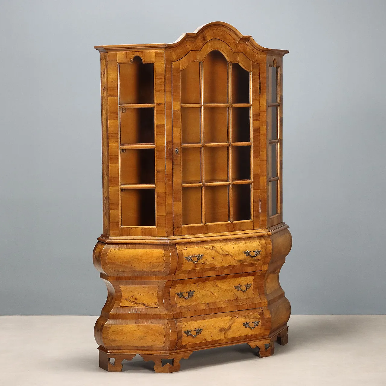 Walnut & glass display cabinet with trapezoidal section, 20th century 1