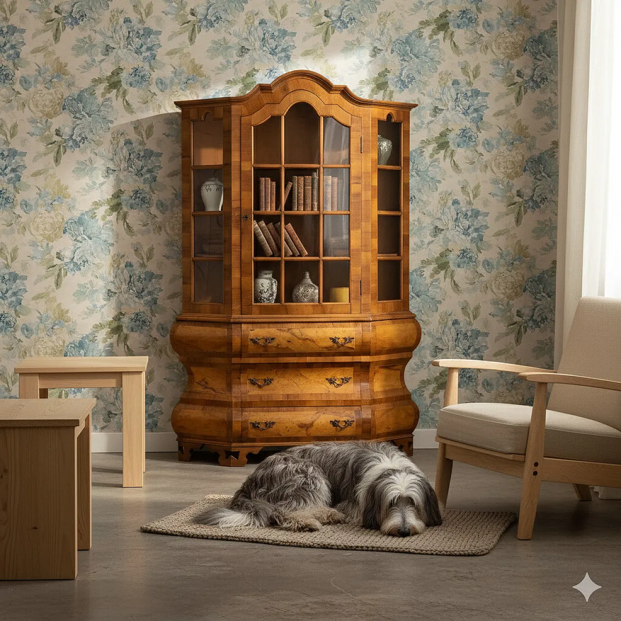 Walnut & glass display cabinet with trapezoidal section, 20th century 2