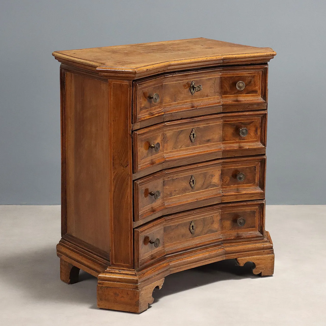 Baroque bedside table in walnut, maple, fir, and bronze, 18th century 1
