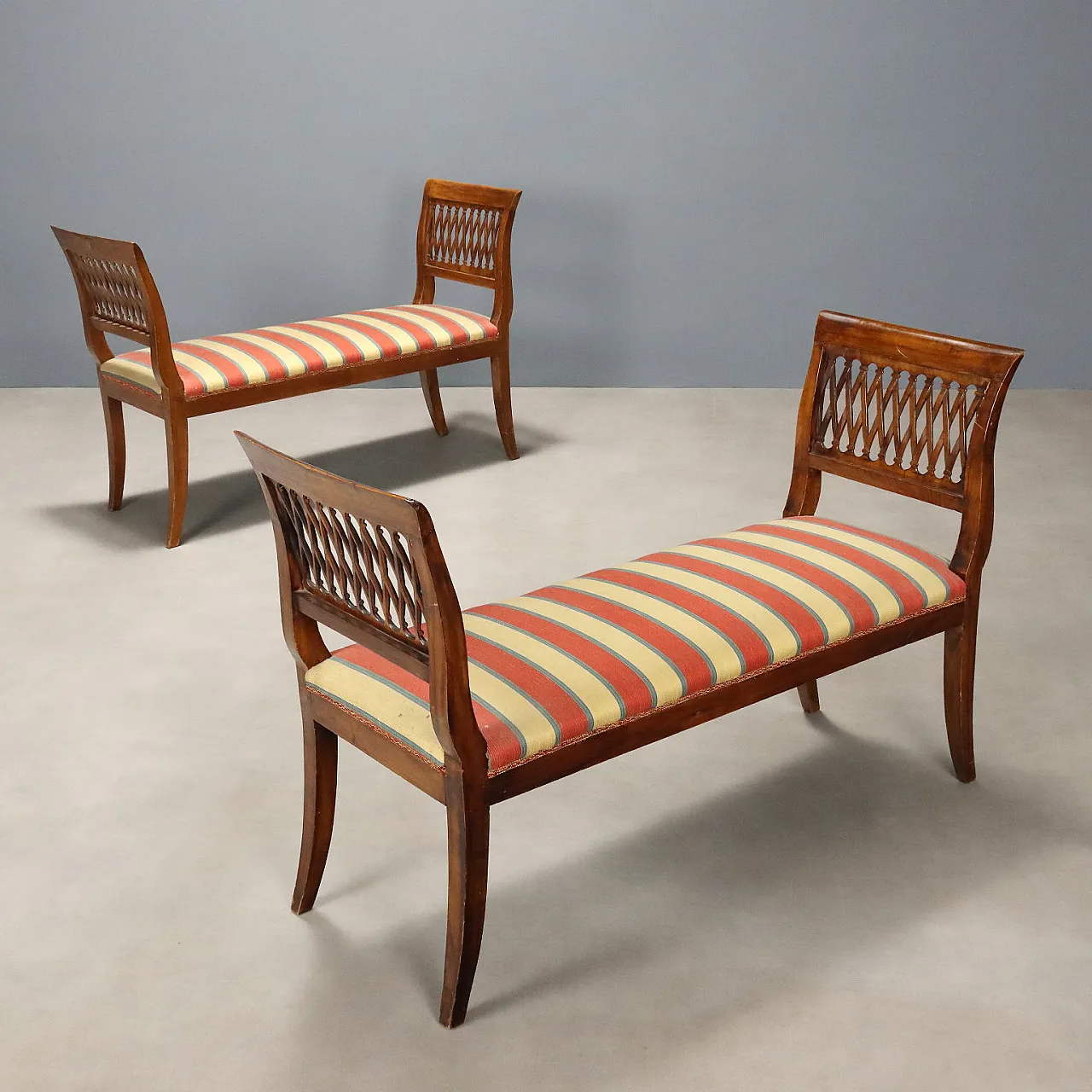 Pair of Empire style walnut benches, early 20th century 1