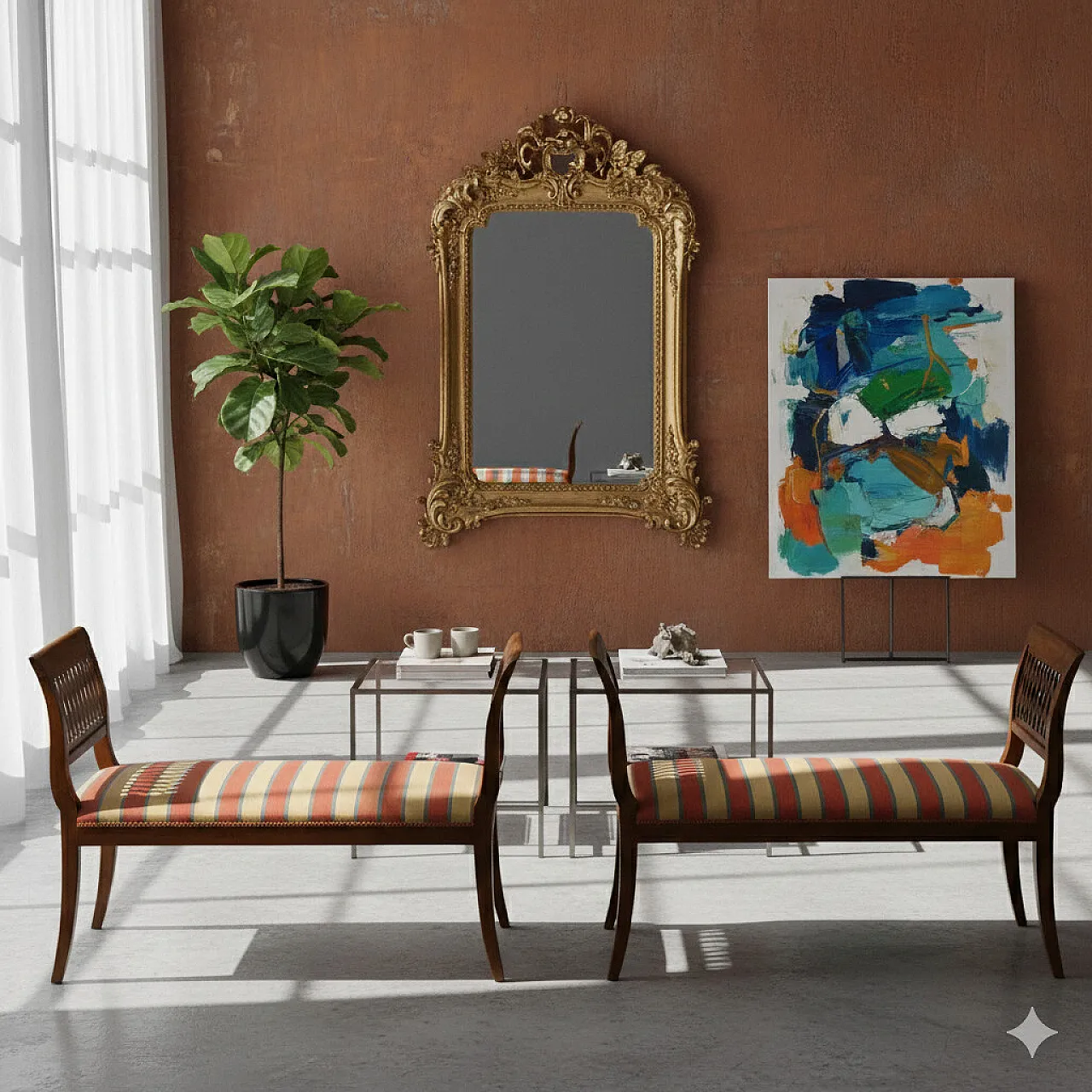 Pair of Empire style walnut benches, early 20th century 2