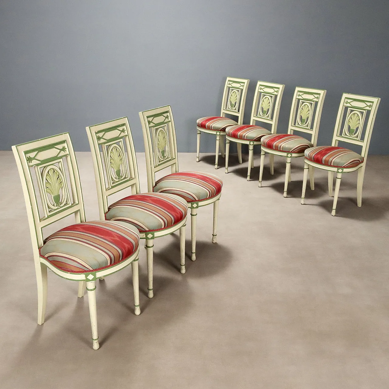 7 Lacquered chairs with perforated backrest & padded seat,20th century 1