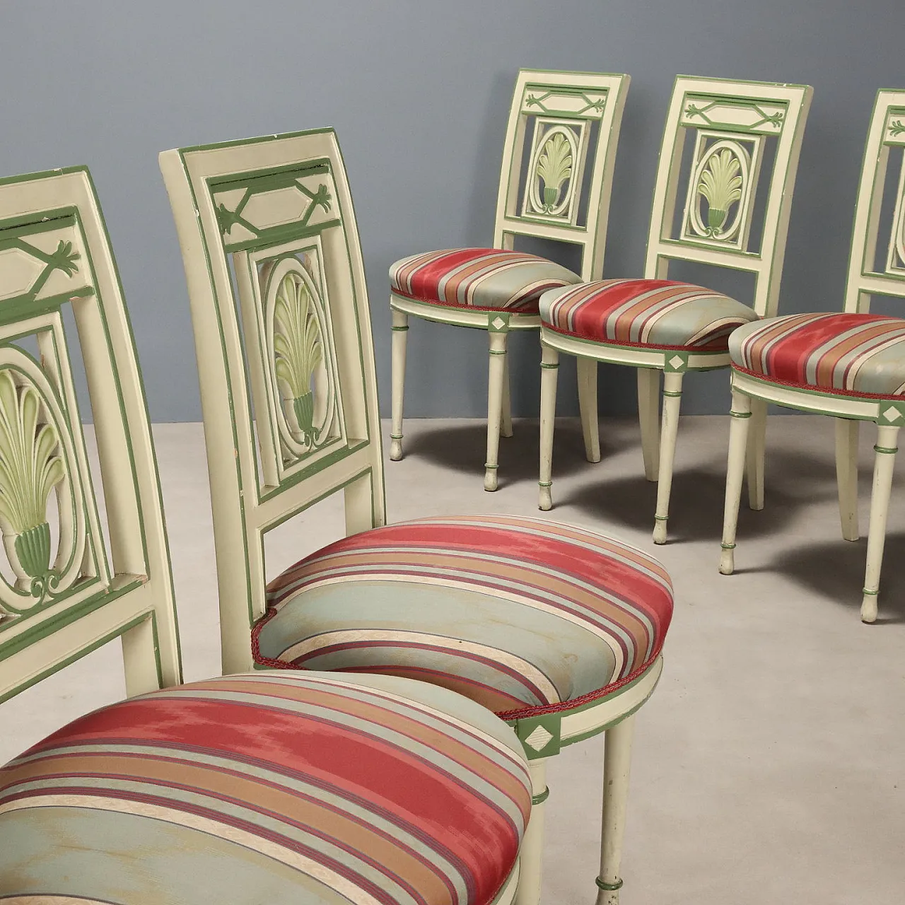 7 Lacquered chairs with perforated backrest & padded seat,20th century 4