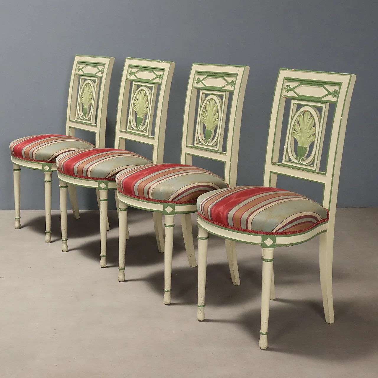7 Lacquered chairs with perforated backrest & padded seat,20th century 5