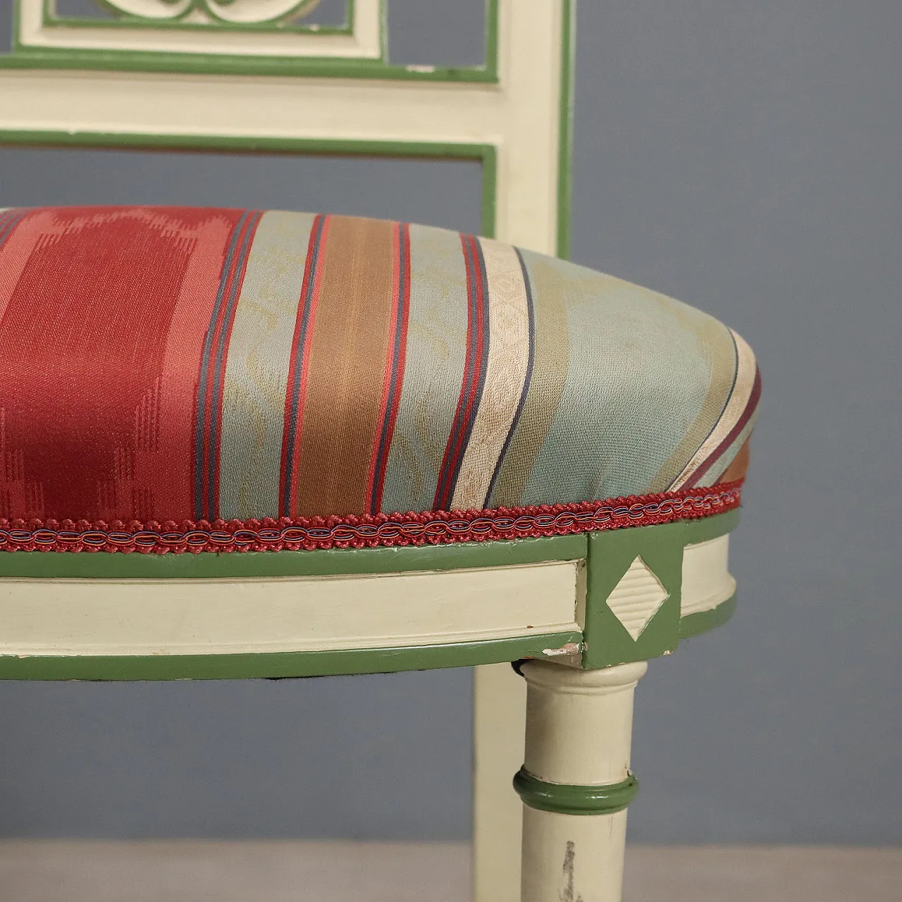 7 Lacquered chairs with perforated backrest & padded seat,20th century 8